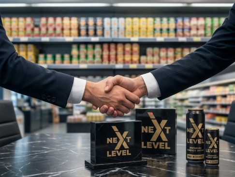 Distributor handshake at a retail counter stocked with NextLevel cans